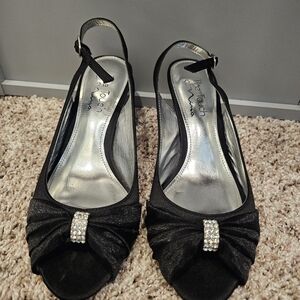 Nina Black Satin Slingback Peep-Toe Heels with Rhinestone Accent